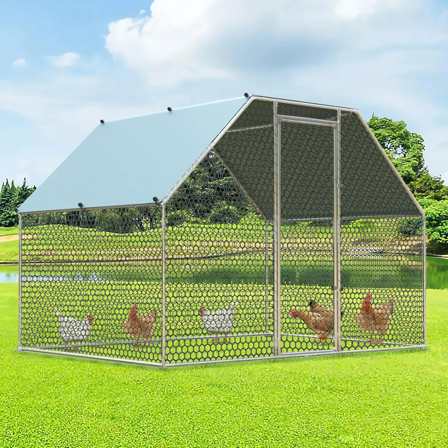 4ever2buy Chicken Runs for Yard with Cover, Large Metal Chicken Run Walk in Metal, Outside Dog Kennel with Roof, Flat Roofed Outdoor Kennel for Cats(9.2Lx6.23Wx6.4H)
