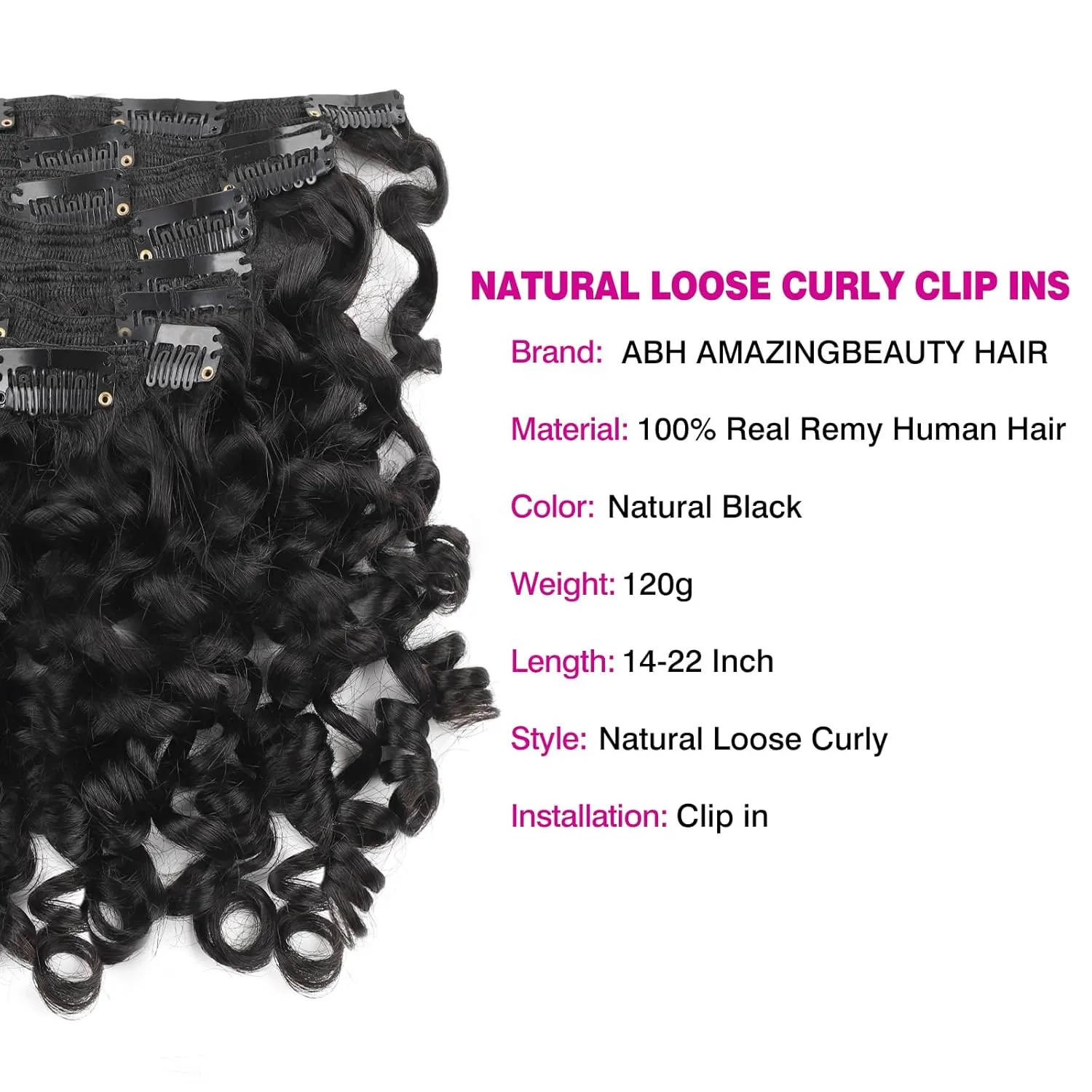 ABH AMAZINGBEAUTY HAIR Natural Loose Curly Clip in Human Hair Extensions Double Weft Natural Loose Curly Hair Extensions Clip ins Natural Black Curly Clips For Black Women 120G 22 Inch