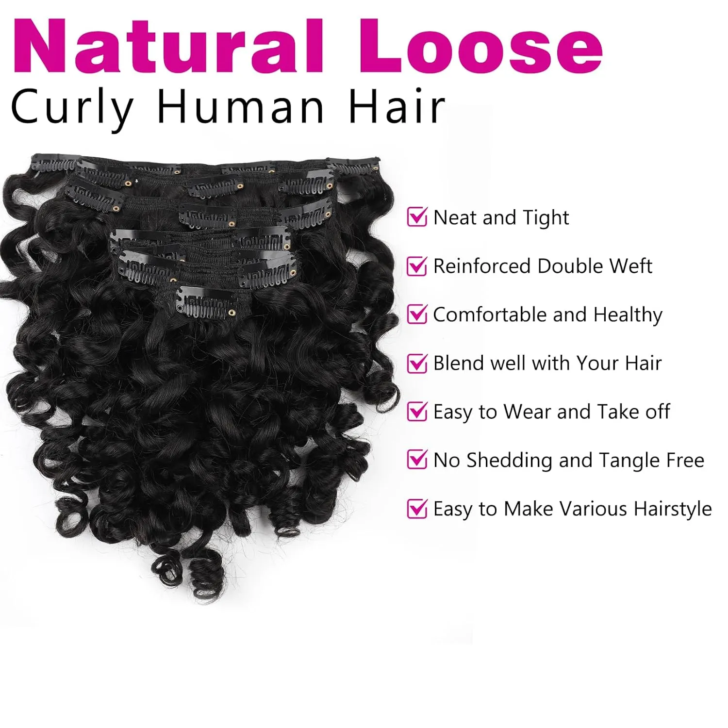 ABH AMAZINGBEAUTY HAIR Natural Loose Curly Clip in Human Hair Extensions Double Weft Natural Loose Curly Hair Extensions Clip ins Natural Black Curly Clips For Black Women 120G 22 Inch