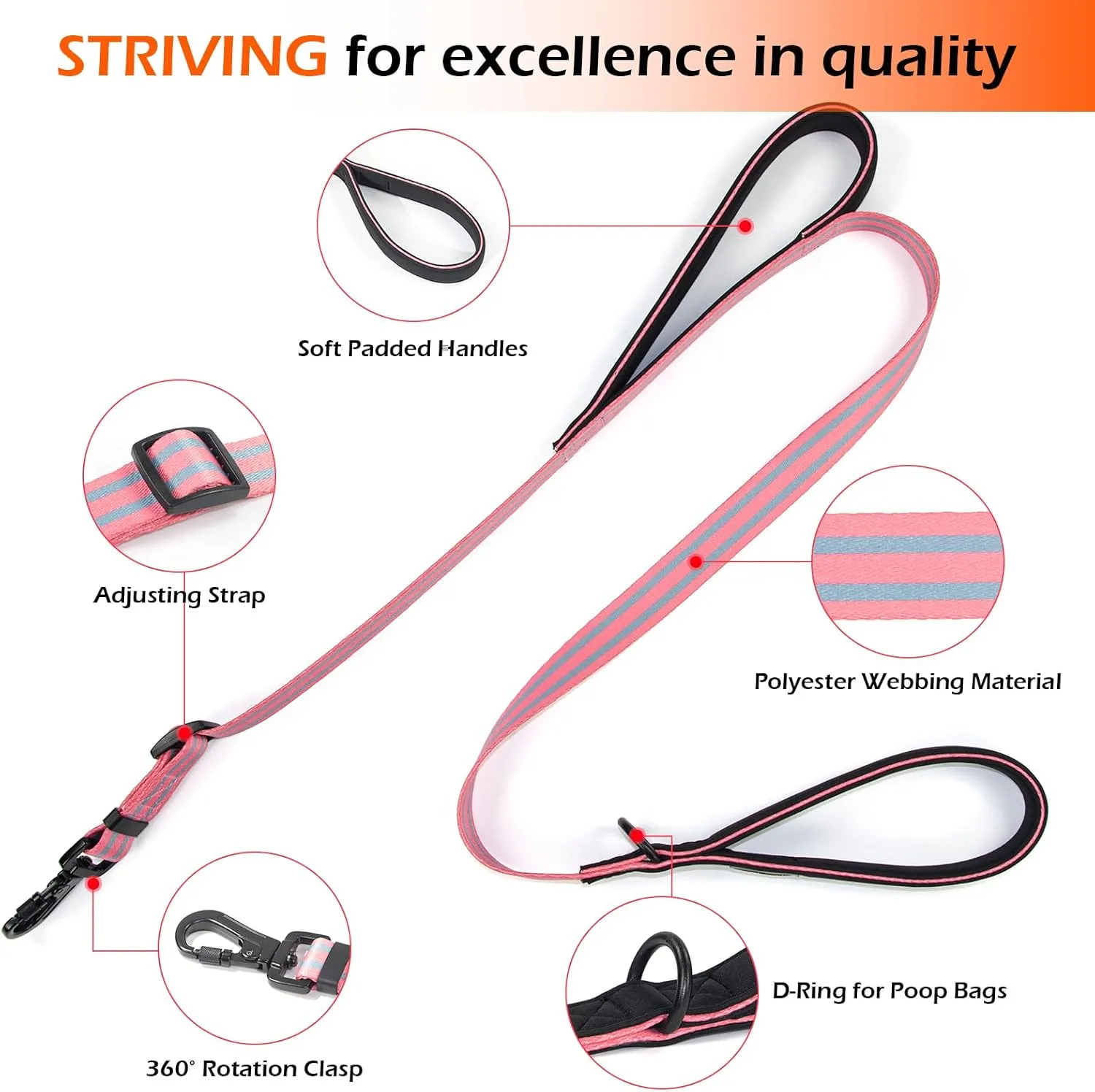 Adjustable Double Handle Dog Leash, Dual Soft Padded Handles Dog Lead for Traffic Control Heaty Duty Long Leashes Perfect for Walking and Training of Medium or Large Dogs (Pink,6FT)