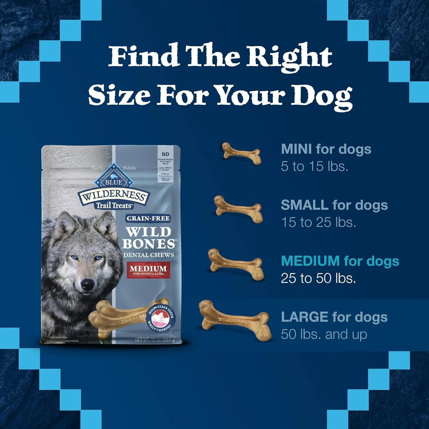 Blue Buffalo Wilderness Wild Bones Grain-Free Dental Chews Dog Treats, Medium, 10-oz Bag