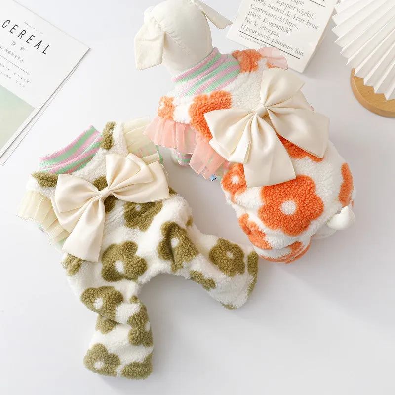 Bowknot Floral Printed Fleece Dog Jumpsuits