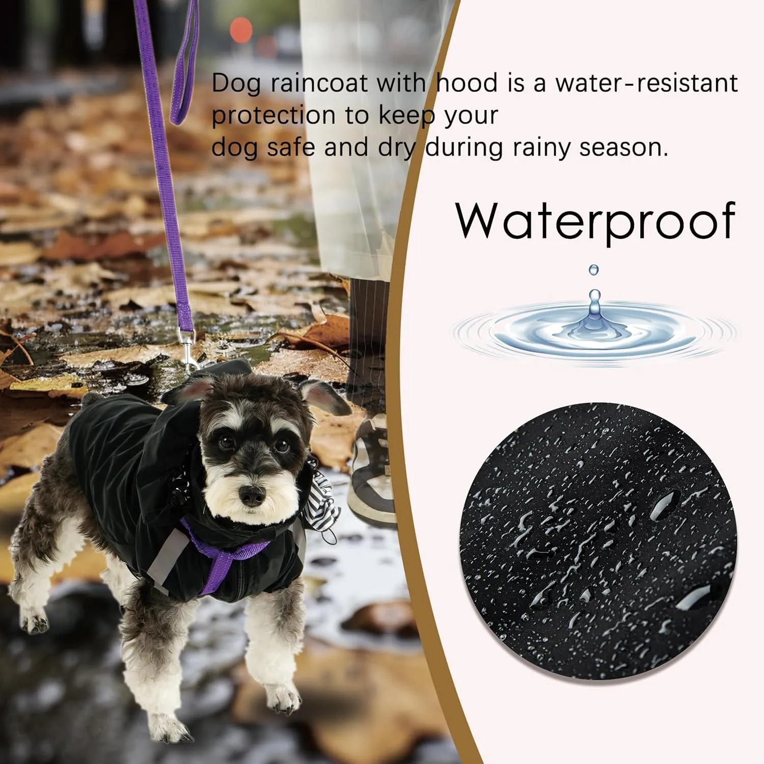 Breathable Dog Raincoat with Detachable Hood - Reflective Strips, 6 Rain/Water Resistant(Black,L)