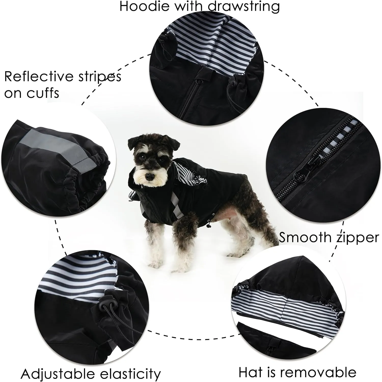 Breathable Dog Raincoat with Detachable Hood - Reflective Strips, 6 Rain/Water Resistant(Black,L)