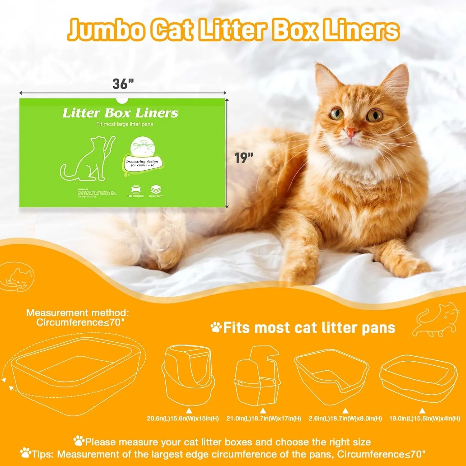 Cat Litter Box Liners 10 Count, Jumbo Cat Litter Bags Liners 36" x 19" Drawstring Heavy Duty Liners for Cat Litter Box Extra Durable Easy Clean Up Fits Most Litter Pan