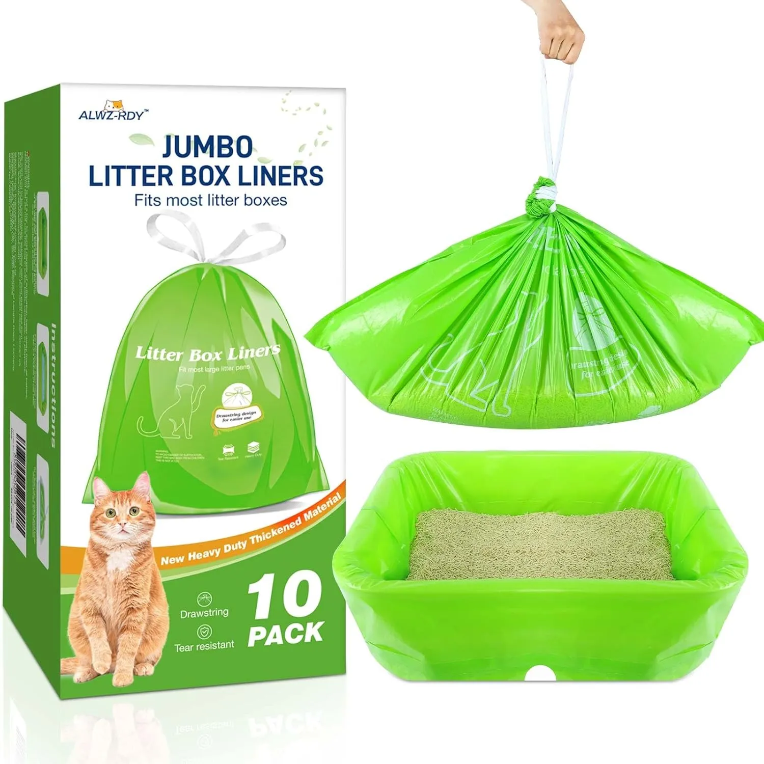 Cat Litter Box Liners 10 Count, Jumbo Cat Litter Bags Liners 36" x 19" Drawstring Heavy Duty Liners for Cat Litter Box Extra Durable Easy Clean Up Fits Most Litter Pan