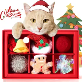 Christmas Cat Toys 6Pcs - Indoor Cat Catnip & Interactive Chew Toys, Knitted Collar, Xmas Hat, Gingerbread Man, Ringing Paper Ball