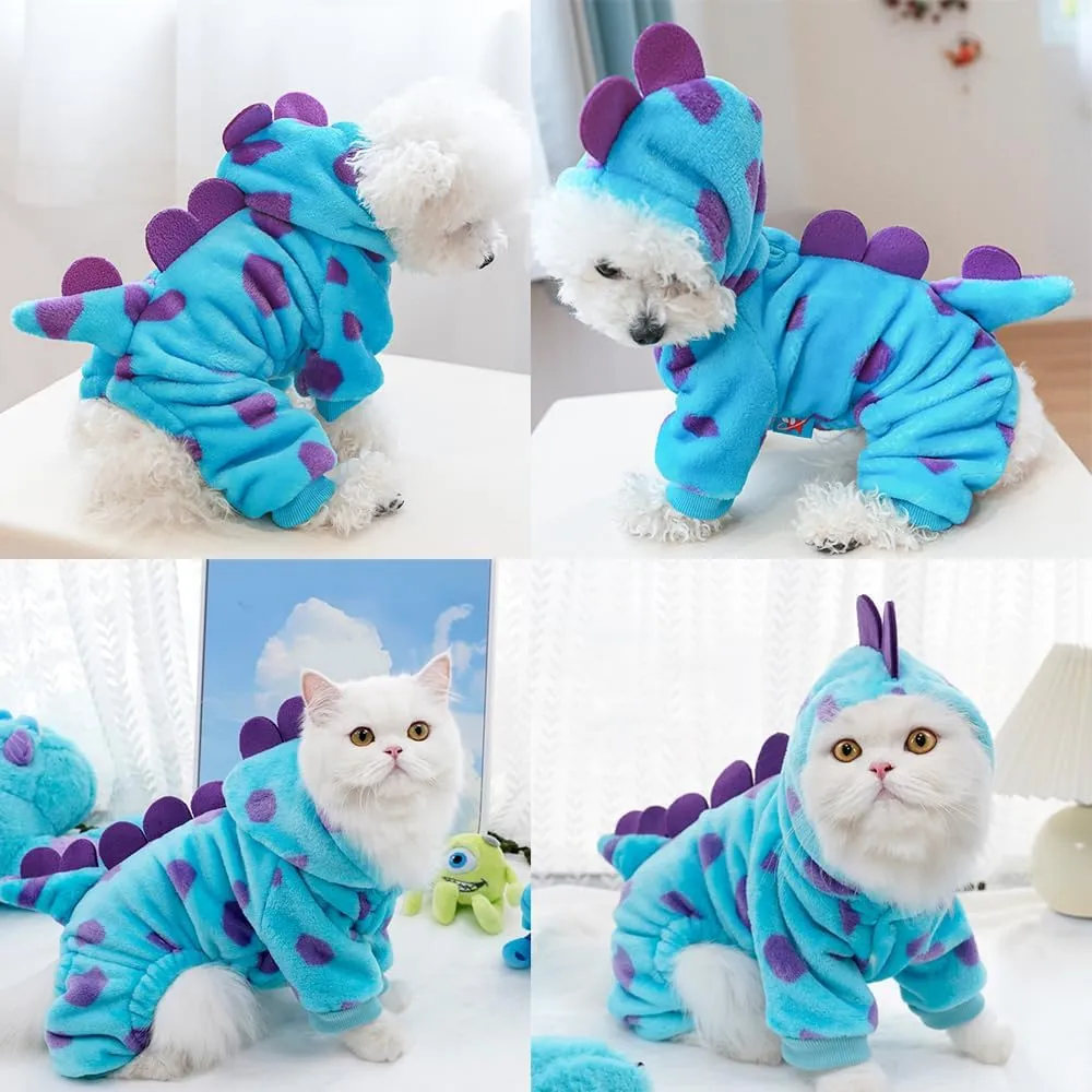 Dinosaur Dog Clothes for Small Dogs, Fleece Winter Puppy Hoodies with Leash Ring, Cat Coat for Cold Weather, Funny Dinosaur Costume for Christmas, Halloween (Blue, Medium)