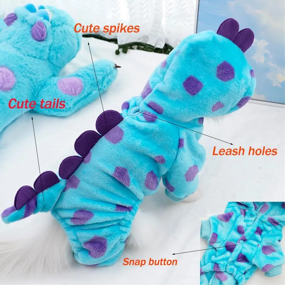 Dinosaur Dog Clothes for Small Dogs, Fleece Winter Puppy Hoodies with Leash Ring, Cat Coat for Cold Weather, Funny Dinosaur Costume for Christmas, Halloween (Blue, Medium)