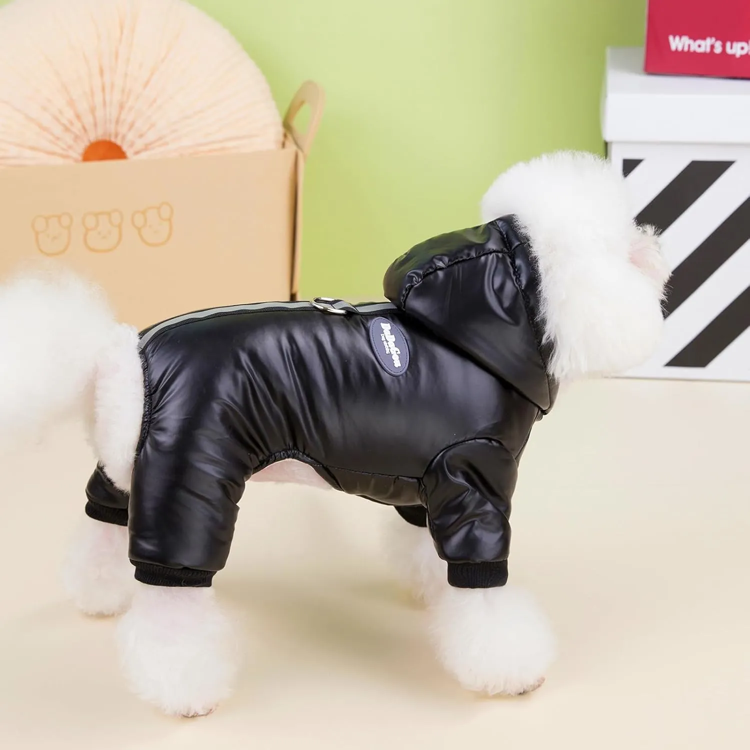 Dog Coat Windproof Jacket - 4 Legs Warm Jumpsuit for Cold Weather, Winter Thick Clothes, Snow Proof Cotton Coat for Small Medium Dogs and Cats - Black S