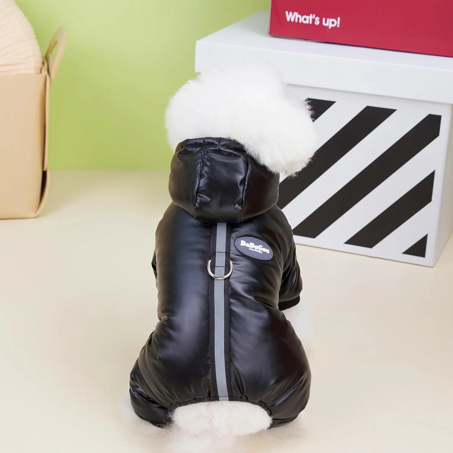 Dog Coat Windproof Jacket - 4 Legs Warm Jumpsuit for Cold Weather, Winter Thick Clothes, Snow Proof Cotton Coat for Small Medium Dogs and Cats - Black S