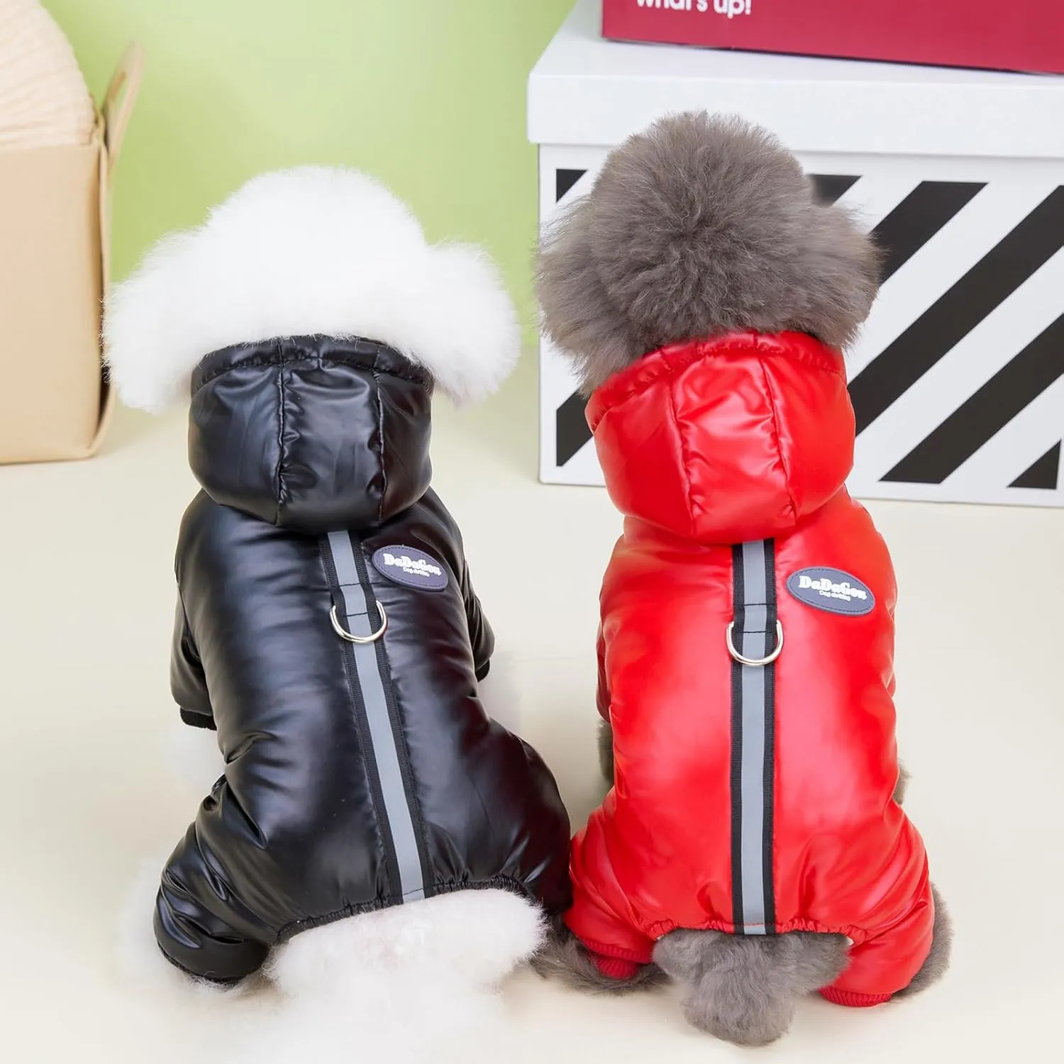 Dog Coat Windproof Jacket - 4 Legs Warm Jumpsuit for Cold Weather, Winter Thick Clothes, Snow Proof Cotton Coat for Small Medium Dogs and Cats - Black S