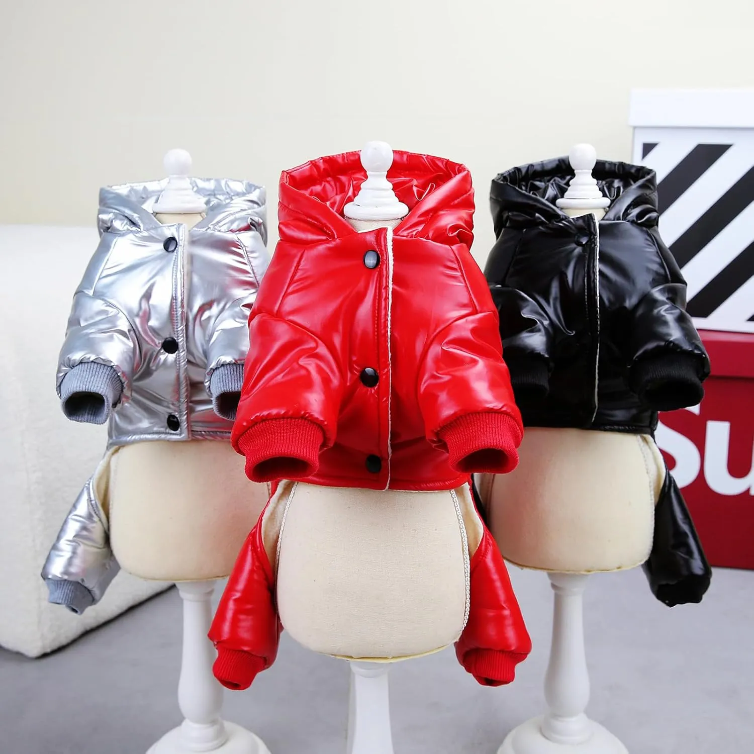 Dog Coat Windproof Jacket - 4 Legs Warm Jumpsuit for Cold Weather, Winter Thick Clothes, Snow Proof Cotton Coat for Small Medium Dogs and Cats - Black S