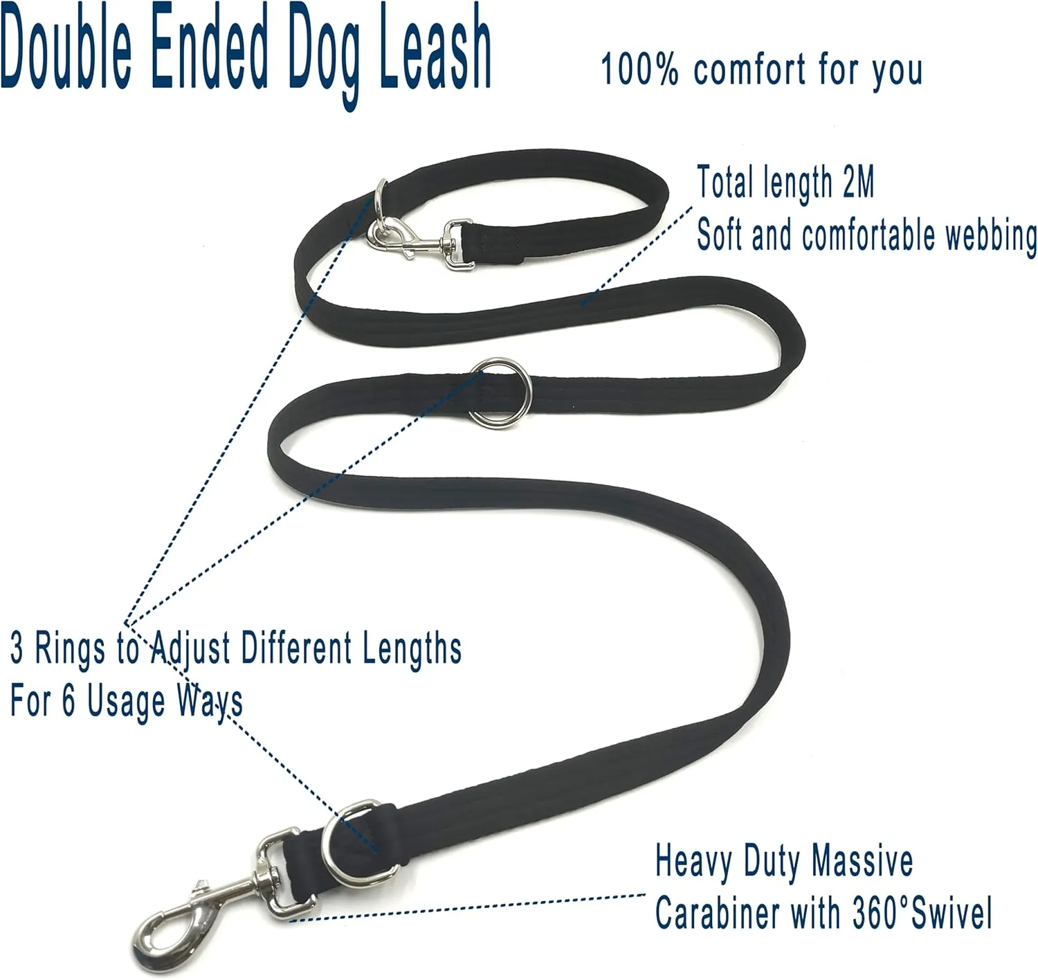 Dog Leash-Multifunctional Double Ended,for Obedience Training Or Distance Work Easy to Use,Lightweight,Soft&Durable Convertible Hands Free,Crossbody,Over Shoulder (Black, 2M*2.5CM)