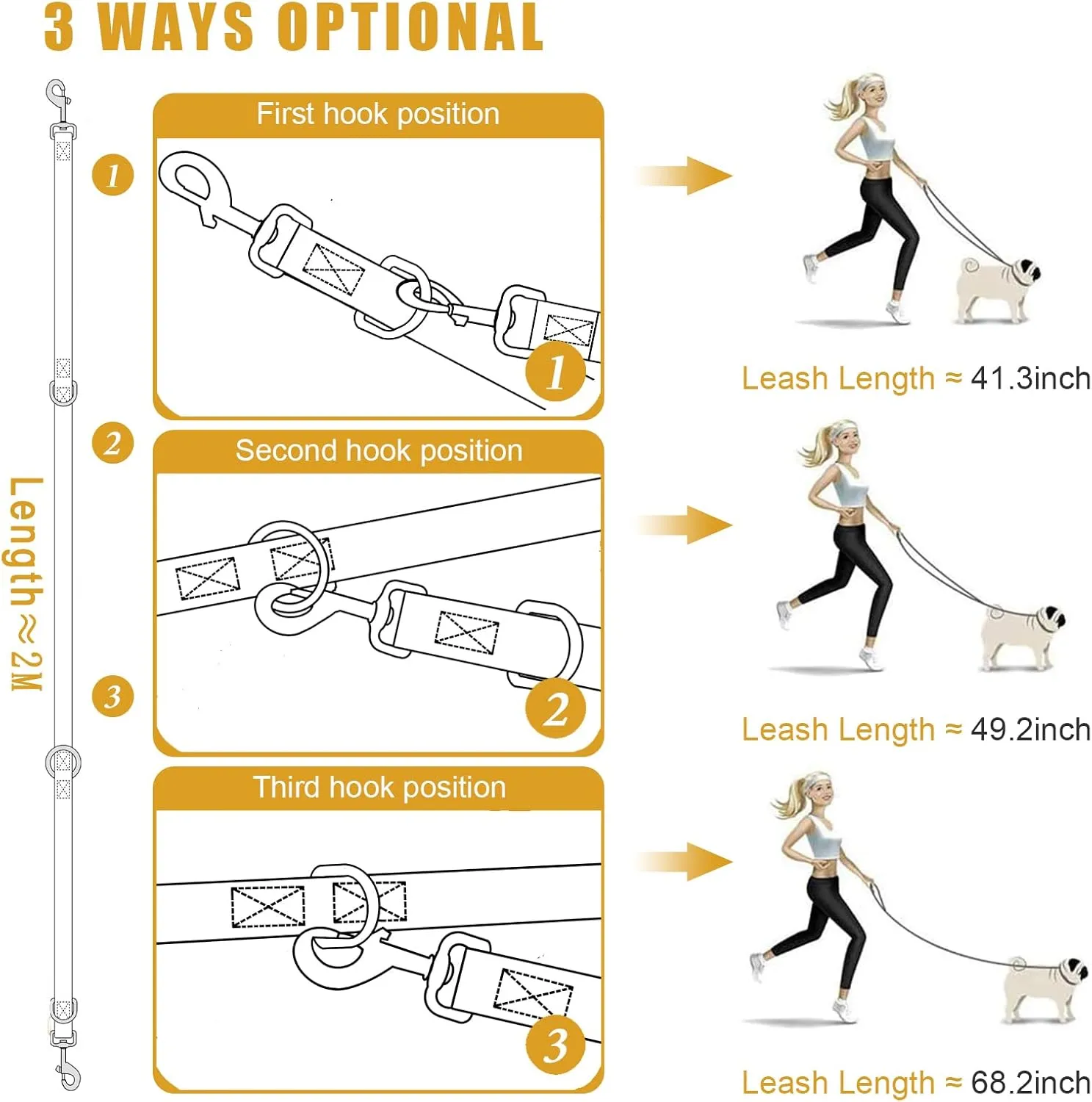 Dog Leash-Multifunctional Double Ended,for Obedience Training Or Distance Work Easy to Use,Lightweight,Soft&Durable Convertible Hands Free,Crossbody,Over Shoulder (Black, 2M*2.5CM)