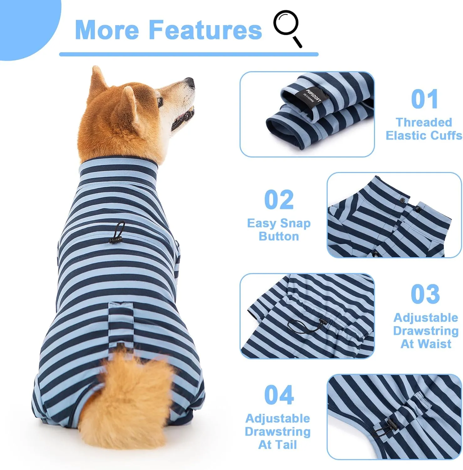 Dog Winter Warmer Fleece Onesie, Bodysuit for Small Medium Large Dogs, Stretchy Cold Weather Pet Warmer Jumpsuit Puppy Onesie Lightweight, Blue Stripe, Small