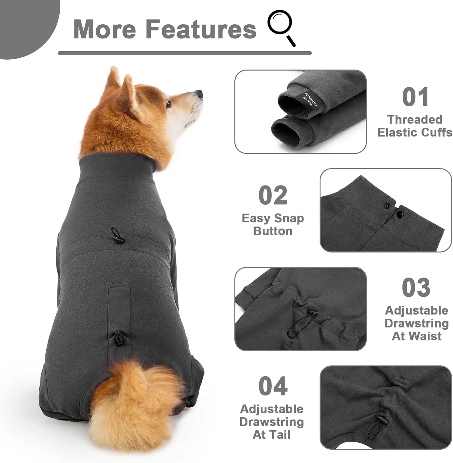 Dog Winter Warmer Fleece Onesie, Bodysuit for Small Medium Large Dogs, Stretchy Cold Weather Pet Warmer Jumpsuit Puppy Onesie Lightweight, Gray, Small