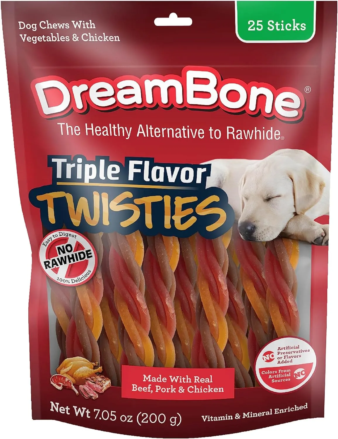 Dreambone Triple Flavor Twisties, 25 Count, Rawhide-Free Dog Chews Made with Real Beef, Pork & Chicken, 7.05 Ounce (Pack of 1)