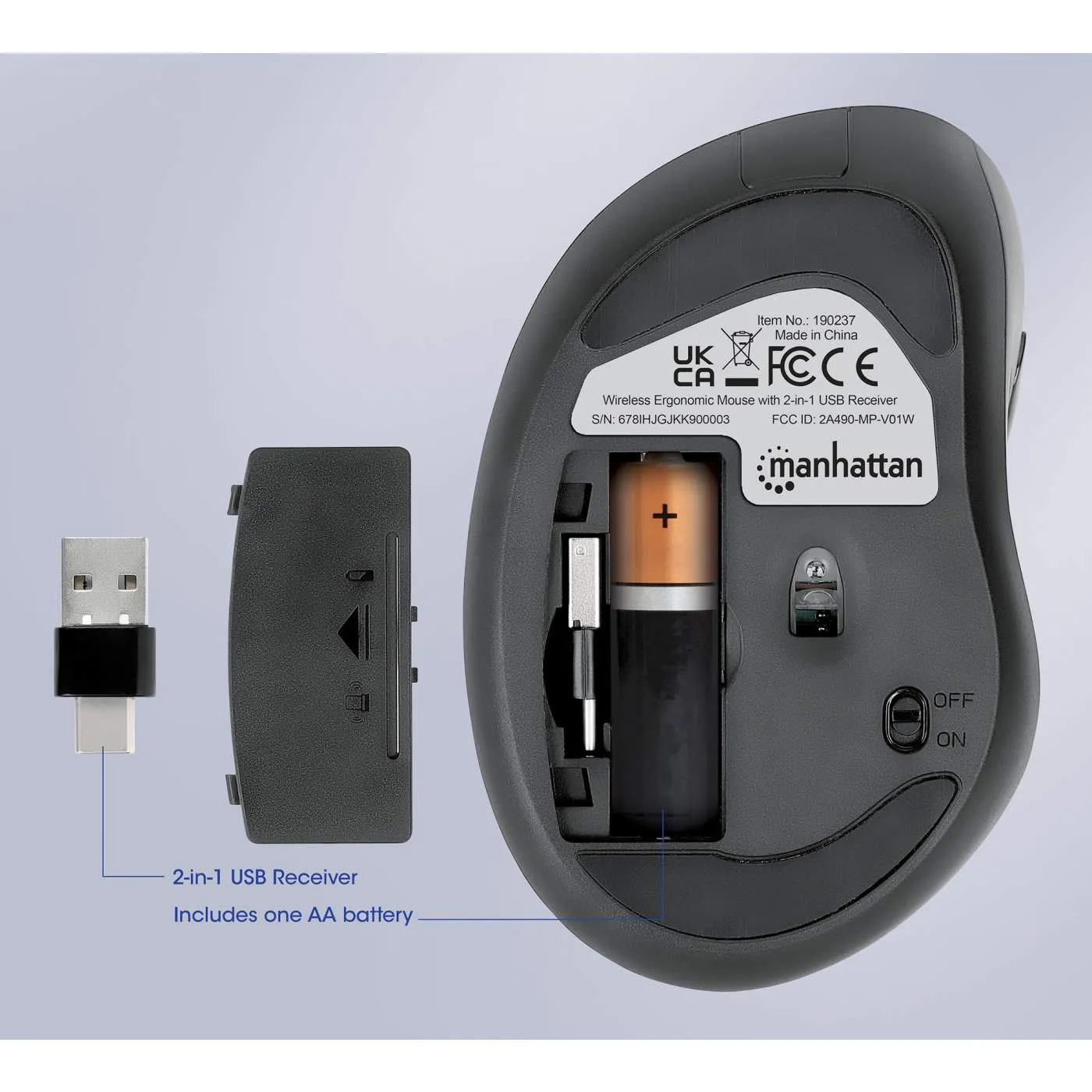 Ergonomic Wireless Mouse with 2-in-1 USB Receiver