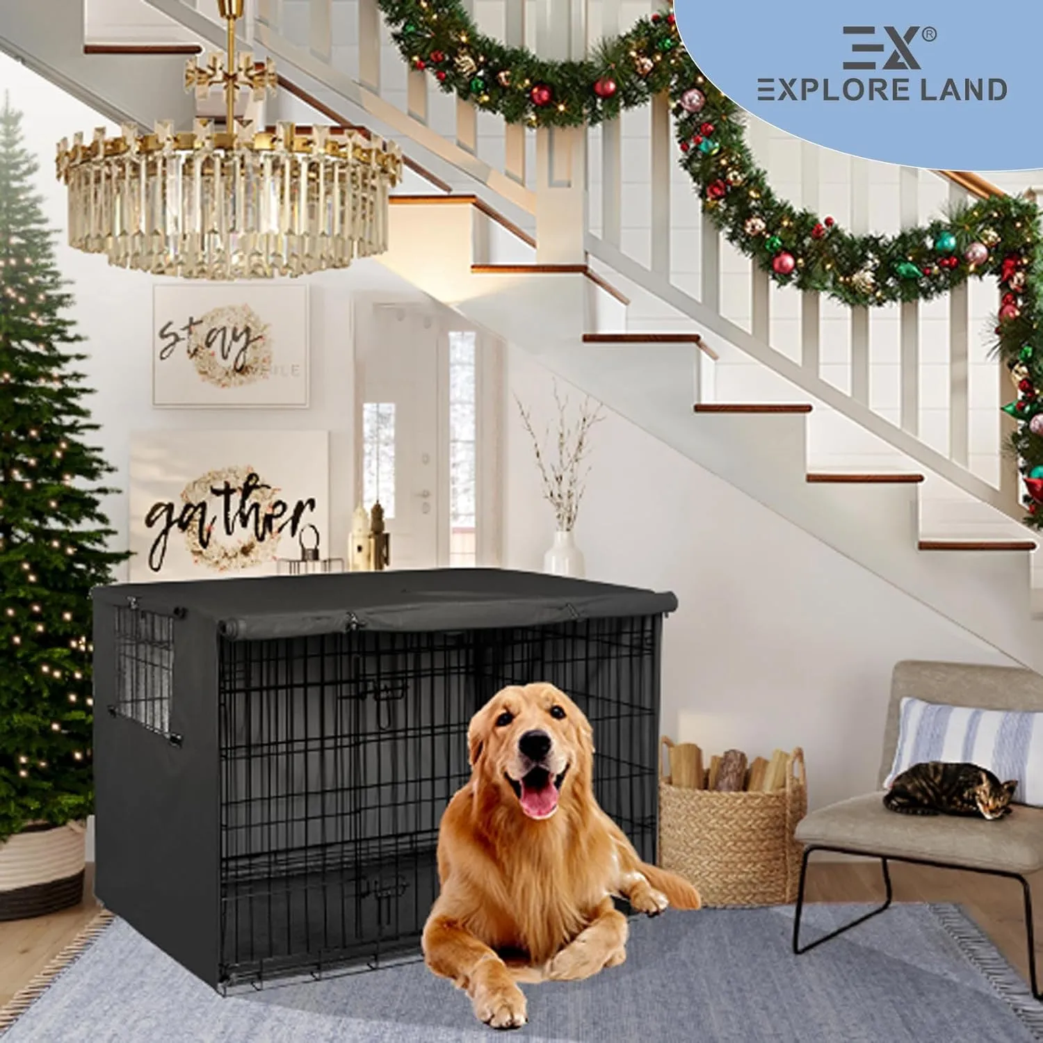 Explore Land 36 inches Dog Crate Cover Heavy Duty Polyester Pet Kennel Sunshade Universal Fit for Wire Cage (Black)