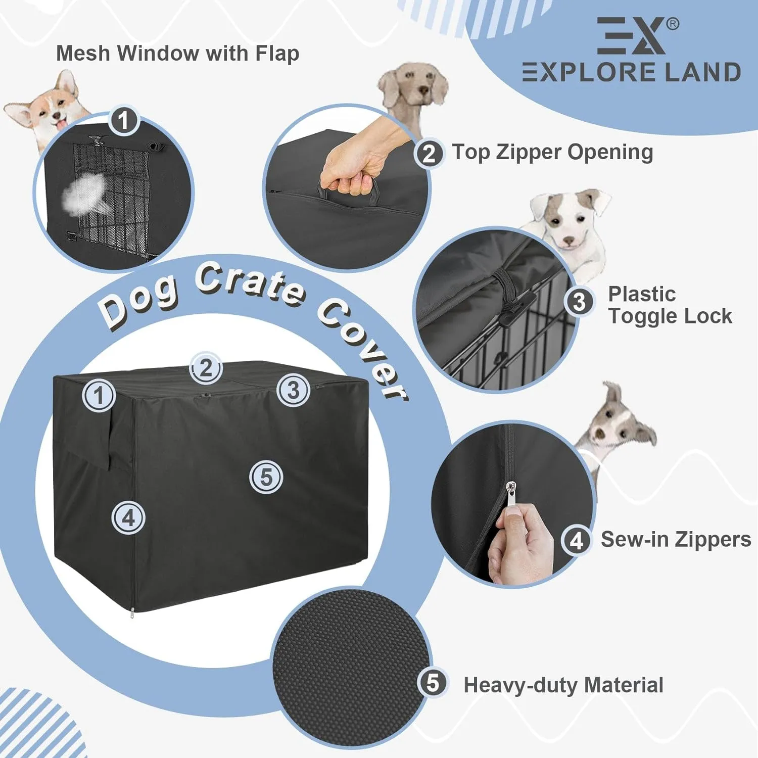 Explore Land 36 inches Dog Crate Cover Heavy Duty Polyester Pet Kennel Sunshade Universal Fit for Wire Cage (Black)