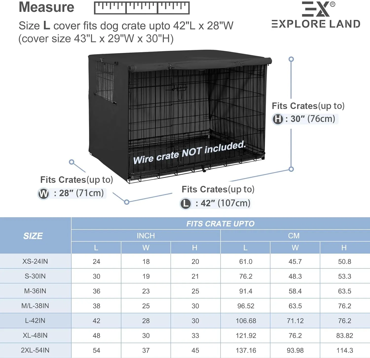 Explore Land 42 inches Dog Crate Cover Heavy Duty Polyester Pet Kennel Sunshade Universal Fit for Wire Cage (Black)