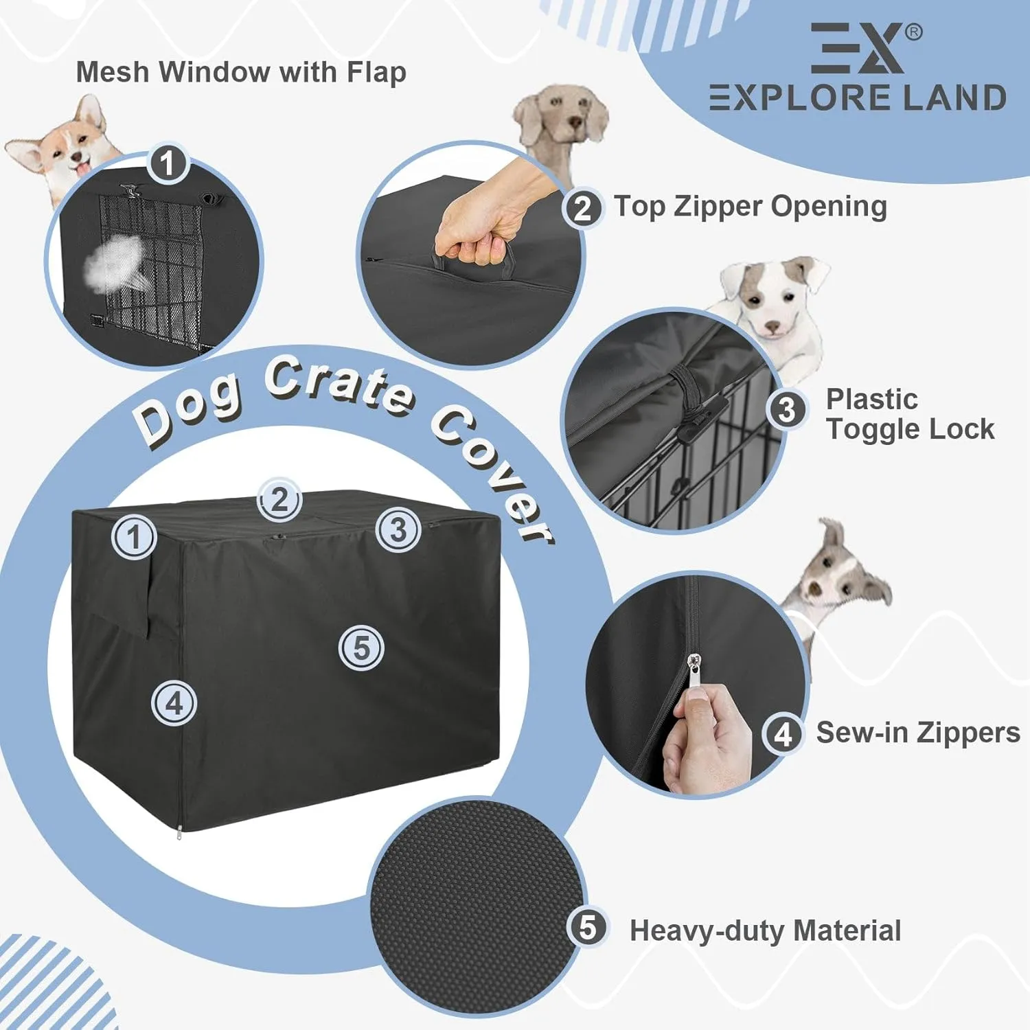 Explore Land 42 inches Dog Crate Cover Heavy Duty Polyester Pet Kennel Sunshade Universal Fit for Wire Cage (Black)