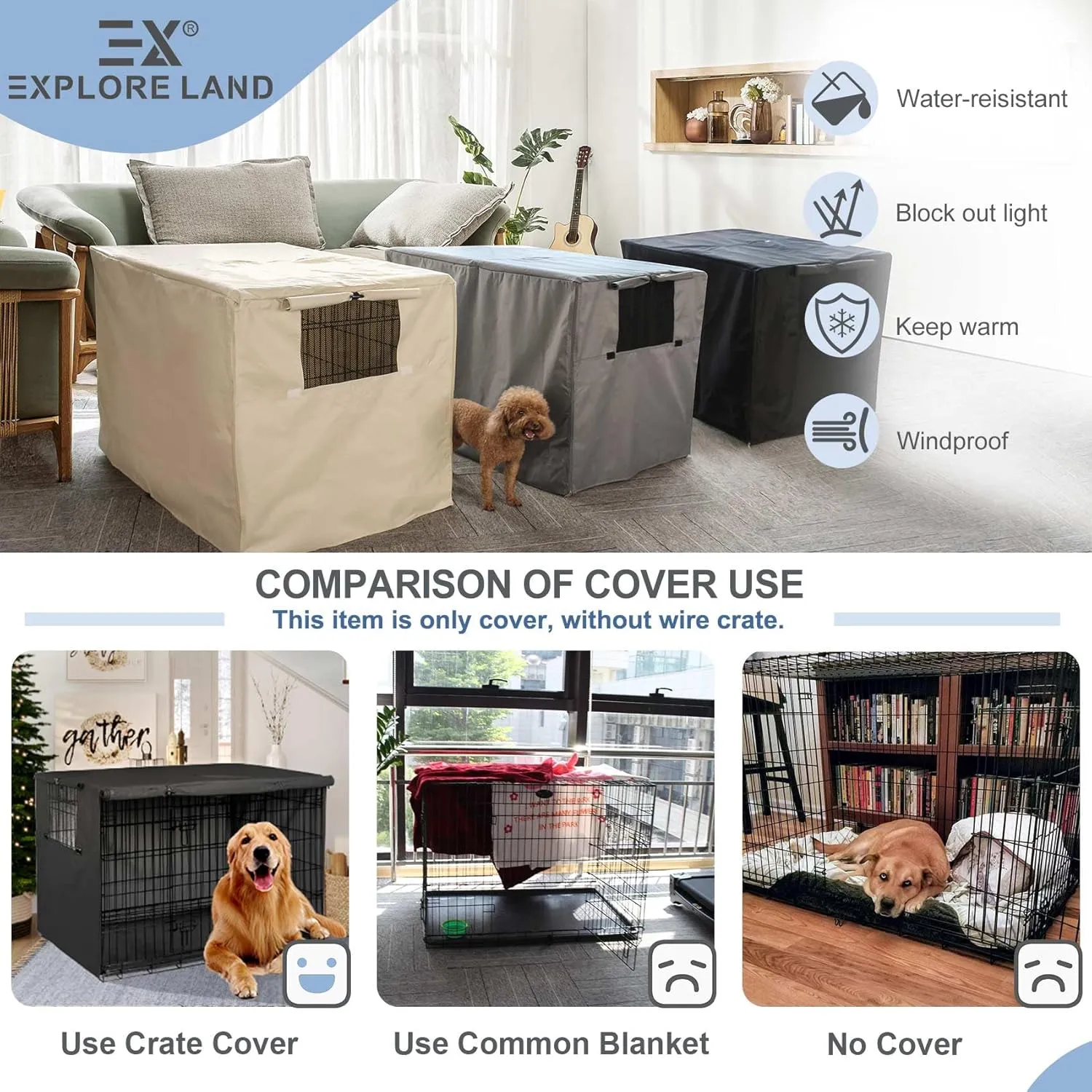 Explore Land 42 inches Dog Crate Cover Heavy Duty Polyester Pet Kennel Sunshade Universal Fit for Wire Cage (Black)