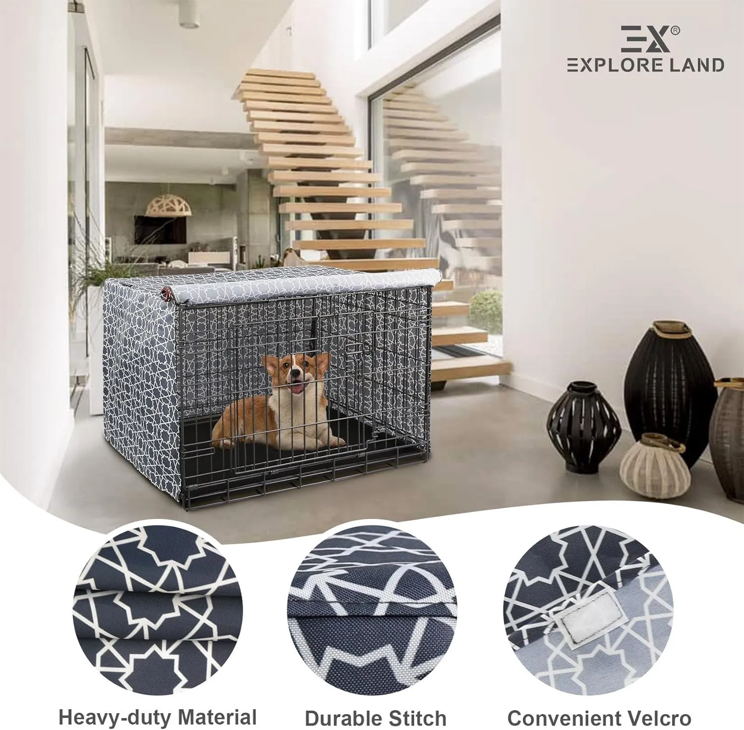 Explore Land Pattern Dog Crate Cover for 48 Inches Wire Cage, Heavy-Duty Polyester 1 2 3 Doors Standard Metal Pet Kennel Enclosure (Morocco)