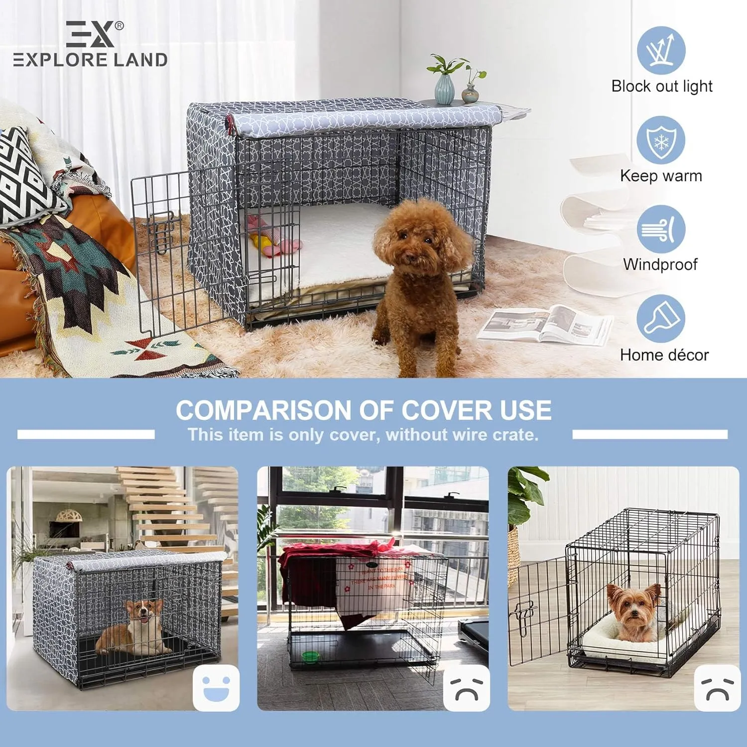 Explore Land Pattern Dog Crate Cover for 48 Inches Wire Cage, Heavy-Duty Polyester 1 2 3 Doors Standard Metal Pet Kennel Enclosure (Morocco)