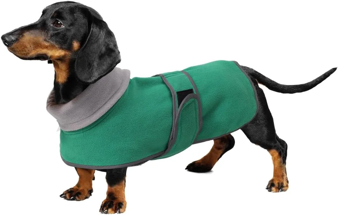 Geyecete Dachshund Sweaters - Dachshund Dog Jacket, Winter Coat with Padded Fleece Lining, High Collar, Adjustable Sizes - Green - M