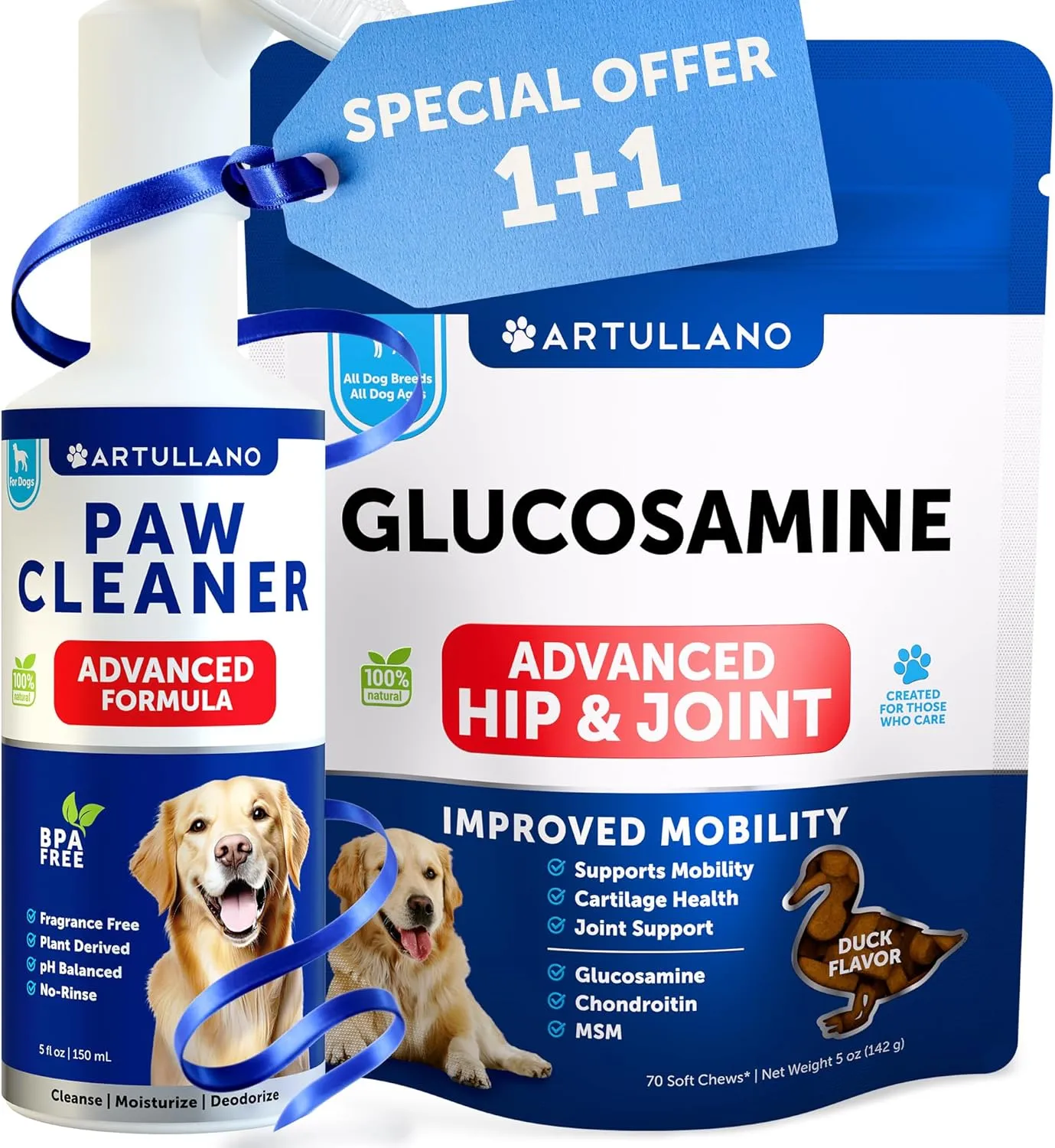 Glucosamine Chews for Dogs   Paw Cleaner Bundle - Hip & Joint Support with Chondroitin, MSM - Silicone Brush & 5fl Oz No-Rinse Cleanser, Fragrance-Free, pH Balanced for Gentle Paw Care