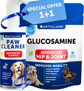Glucosamine Chews for Dogs   Paw Cleaner Bundle - Hip & Joint Support with Chondroitin, MSM - Silicone Brush & 5fl Oz No-Rinse Cleanser, Fragrance-Free, pH Balanced for Gentle Paw Care