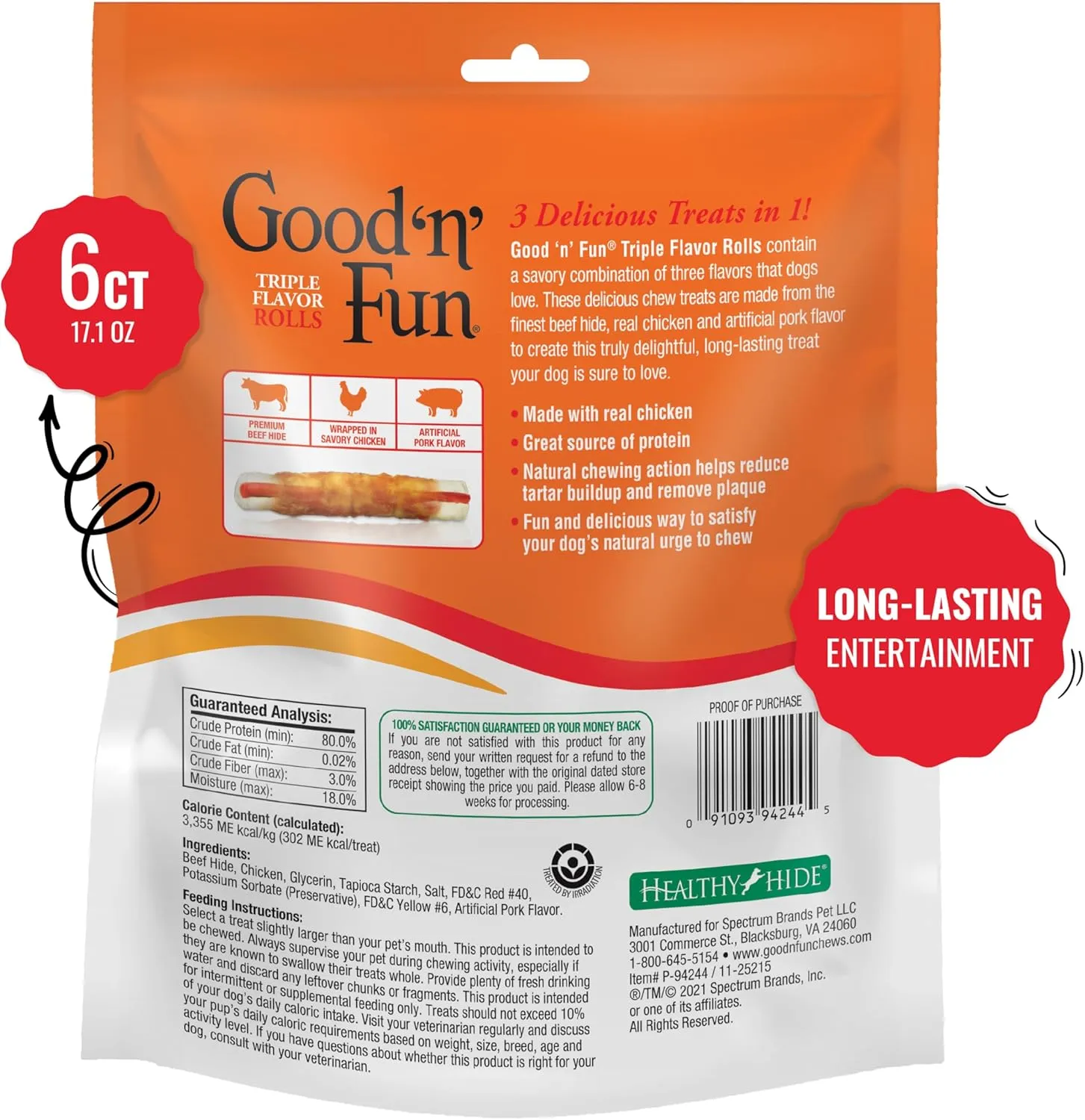 Good n Fun Triple Flavor Rolls for Large Dogs, Treat Your Dog to Long-Lasting Chews Made with Beef Hide, Chicken and Artificial Pork Flavor, 6 Count