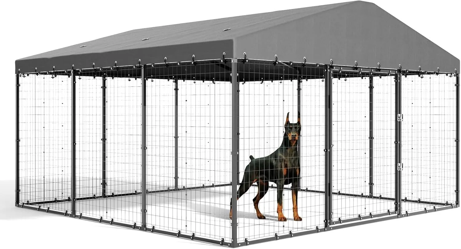Gotland Large Outdoor Dog Kennel 118" x 118" x 70", Big Dog Fence Outside with Double Secure Locks, Heavy-Duty Weatherproof Dog Cage, Dog Enclosure for Outside with Roof