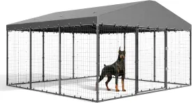 Gotland Large Outdoor Dog Kennel 118" x 118" x 70", Big Dog Fence Outside with Double Secure Locks, Heavy-Duty Weatherproof Dog Cage, Dog Enclosure for Outside with Roof