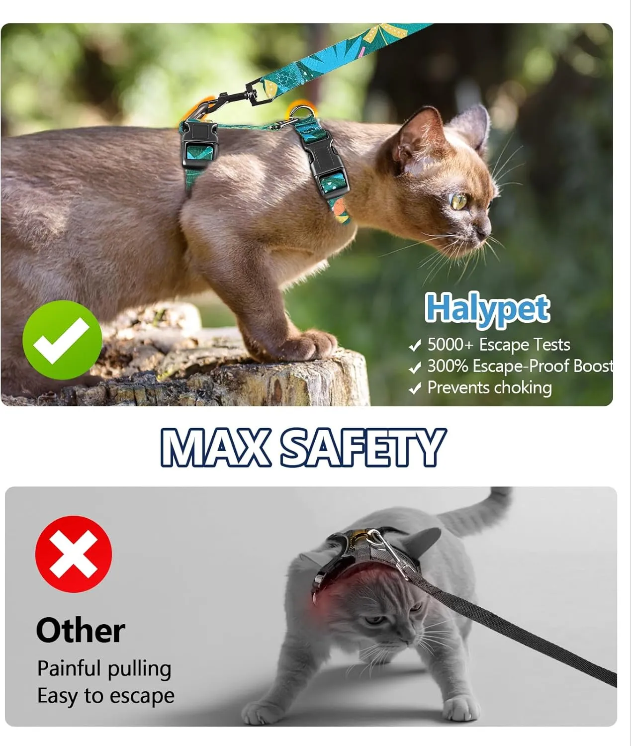 Halypet Cat Harness and Leash Set, Escape Proof [3 in 1 Adjustable & Lightweight] Cat Harness, Soft Comfortable Kitten Harness for Cats Safe, Easy to Wear, Outdoor Walking Travel