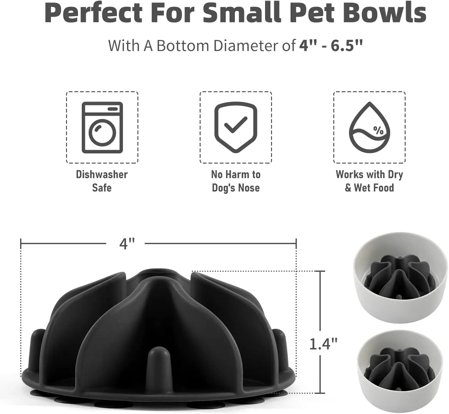 Jaoul Small Breed Slow Feeder, Puzzle Slow Feeder with 21 Octopus Suction Cups for Small Dog Bowls Insert 4" (Black)