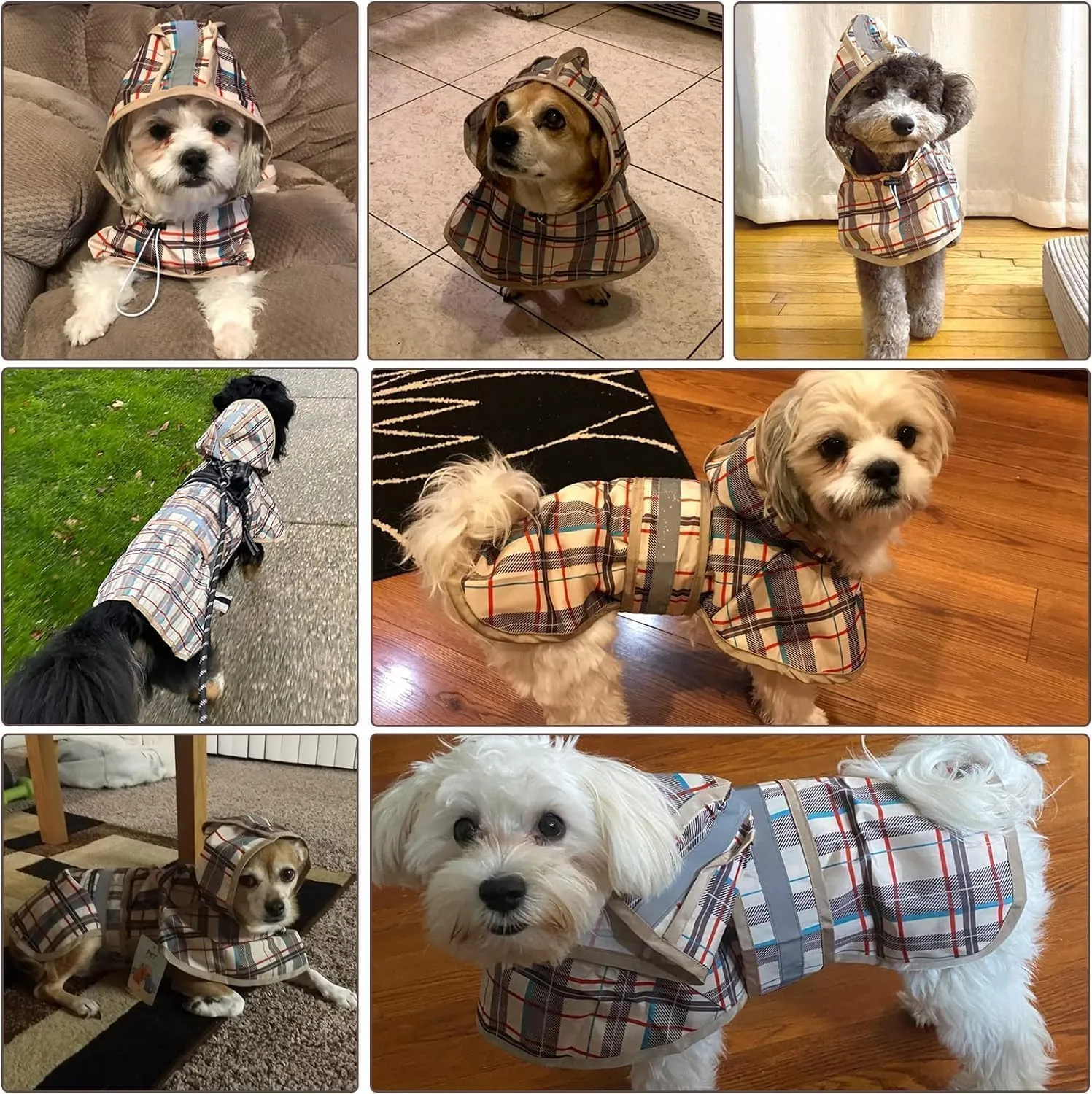 KOOLTAIL Dog Raincoat Hooded Slicker Poncho with Leash Hole, Raincoat for Small Medium Dogs, Waterproof Dog gie Rain Jacket with Reflective Strip, Adjustable Breathable Plaid Puppy Rainwear-Beige