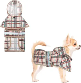 KOOLTAIL Dog Raincoat Hooded Slicker Poncho with Leash Hole, Raincoat for Small Medium Dogs, Waterproof Dog gie Rain Jacket with Reflective Strip, Adjustable Breathable Plaid Puppy Rainwear-Beige