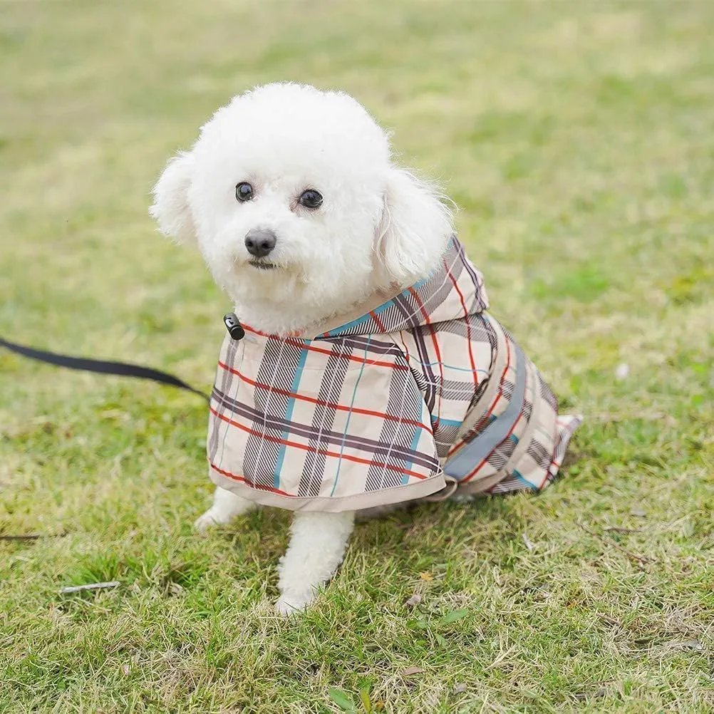 KOOLTAIL Dog Raincoat Hooded Slicker Poncho with Leash Hole, Raincoat for Small Medium Dogs, Waterproof Dog gie Rain Jacket with Reflective Strip, Adjustable Breathable Plaid Puppy Rainwear-Beige