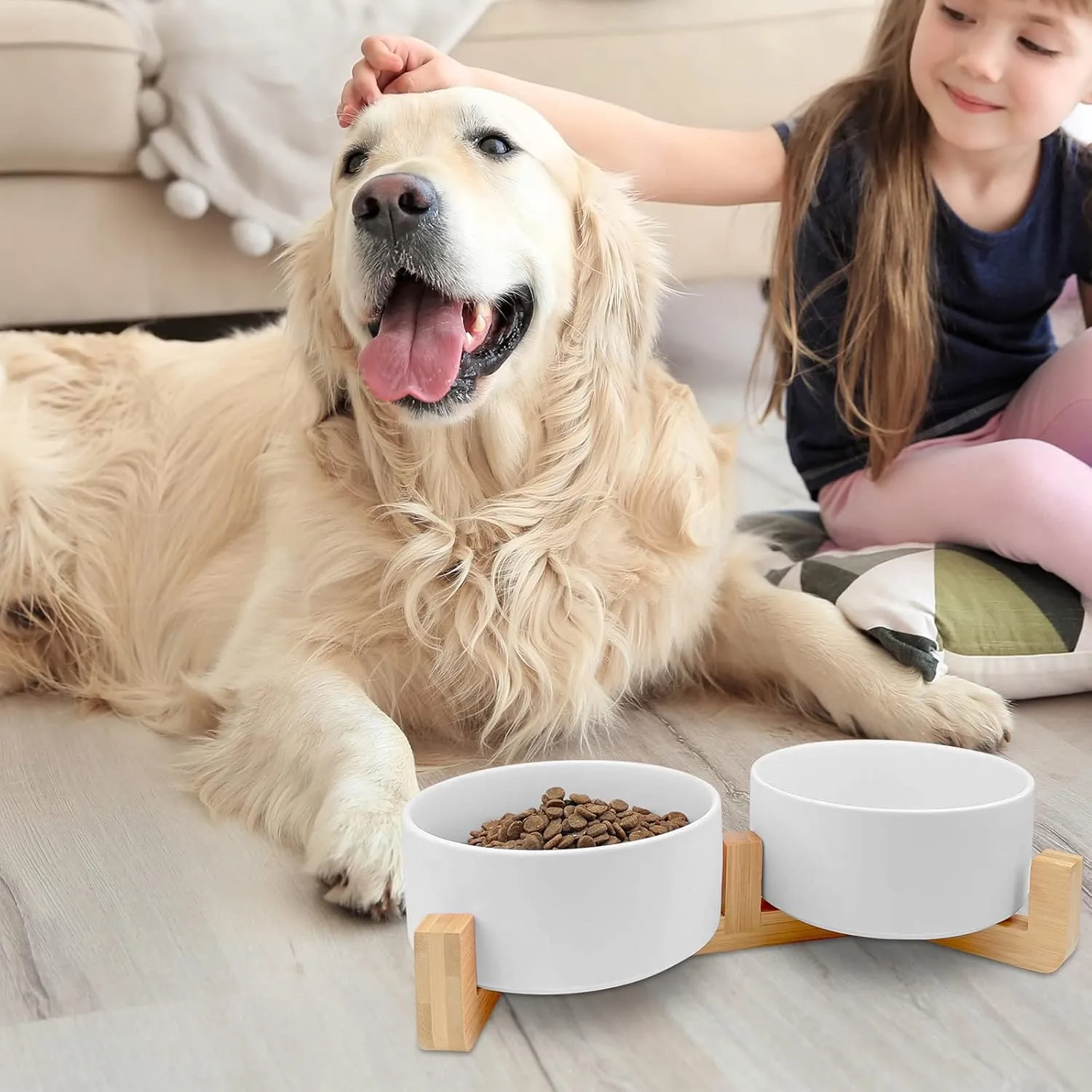KPWACD Ceramic Pet Bowls for Dog and Cat, Raised Dog Food and Water Bowl Set with Anti-Slip Wooden Stand, White Pets Dish Feeding Bowls Suitable for Small, Medium and Big Cats Dogs, 28 OZ