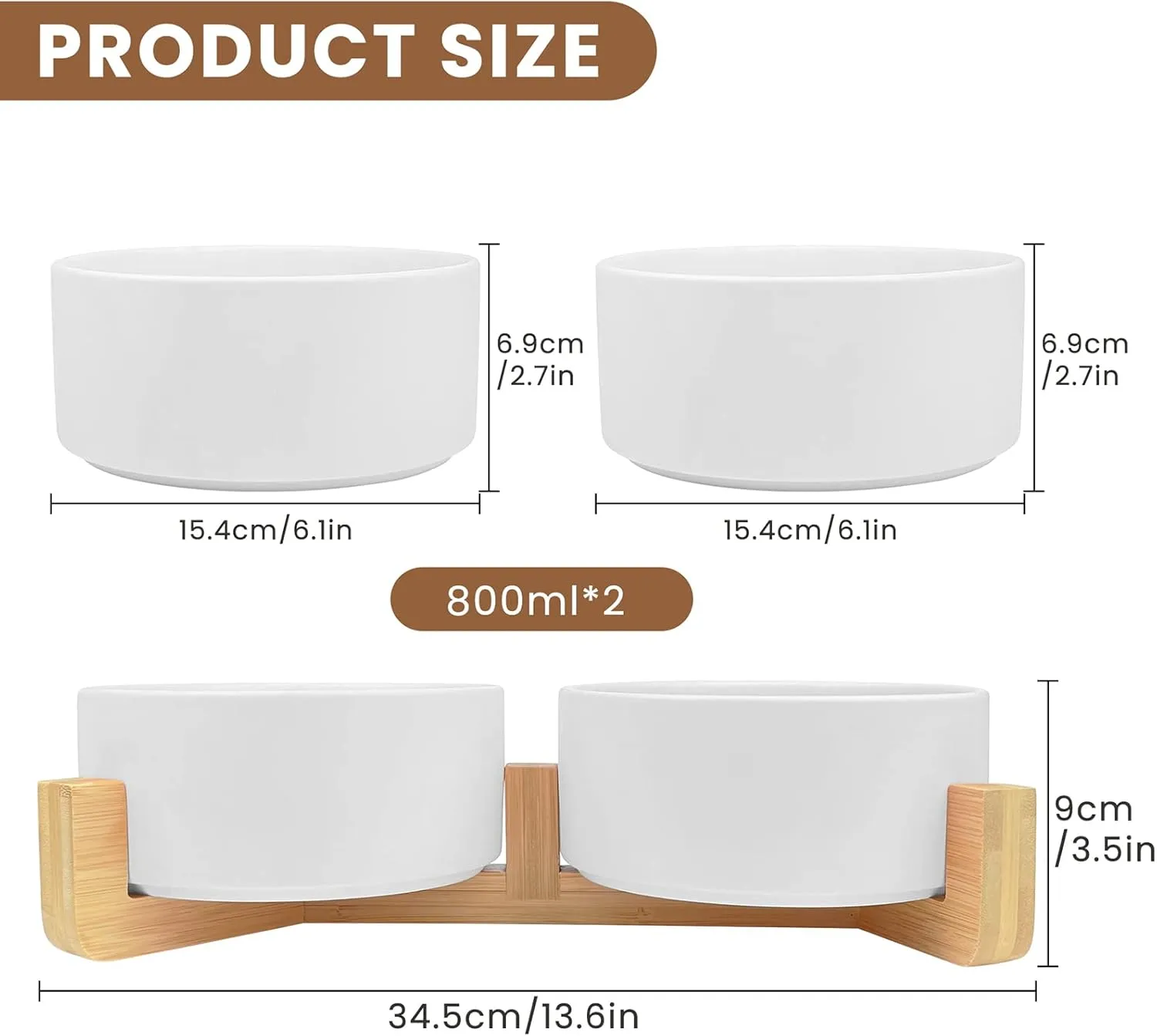 KPWACD Ceramic Pet Bowls for Dog and Cat, Raised Dog Food and Water Bowl Set with Anti-Slip Wooden Stand, White Pets Dish Feeding Bowls Suitable for Small, Medium and Big Cats Dogs, 28 OZ