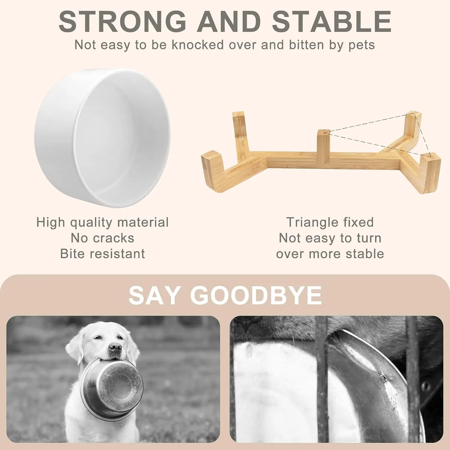 KPWACD Ceramic Pet Bowls for Dog and Cat, Raised Dog Food and Water Bowl Set with Anti-Slip Wooden Stand, White Pets Dish Feeding Bowls Suitable for Small, Medium and Big Cats Dogs, 28 OZ