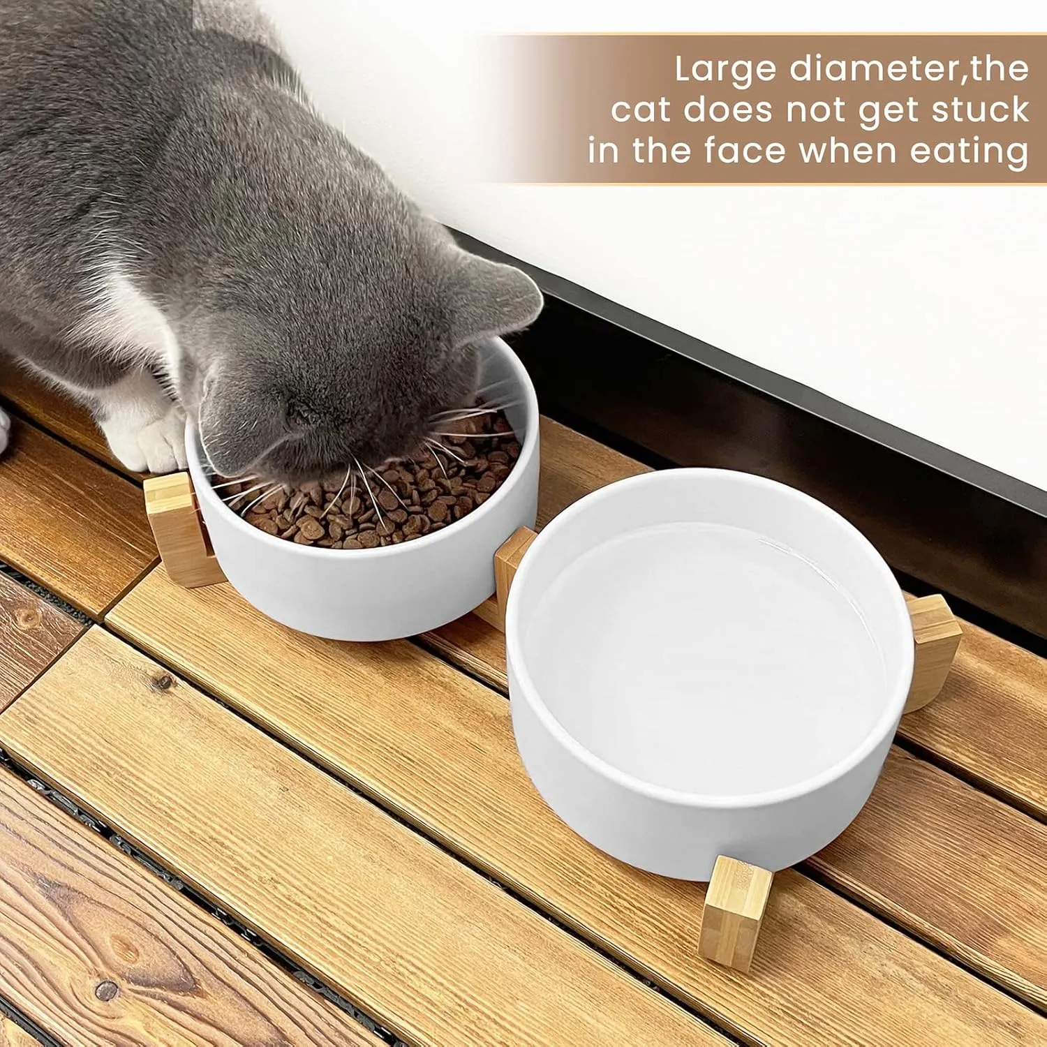 KPWACD Ceramic Pet Bowls for Dog and Cat, Raised Dog Food and Water Bowl Set with Anti-Slip Wooden Stand, White Pets Dish Feeding Bowls Suitable for Small, Medium and Big Cats Dogs, 28 OZ