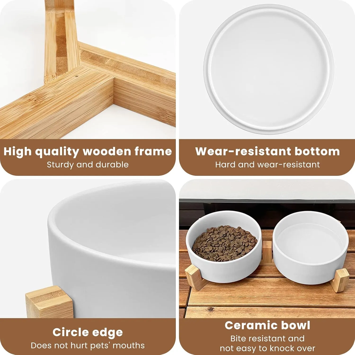 KPWACD Ceramic Pet Bowls for Dog and Cat, Raised Dog Food and Water Bowl Set with Anti-Slip Wooden Stand, White Pets Dish Feeding Bowls Suitable for Small, Medium and Big Cats Dogs, 28 OZ