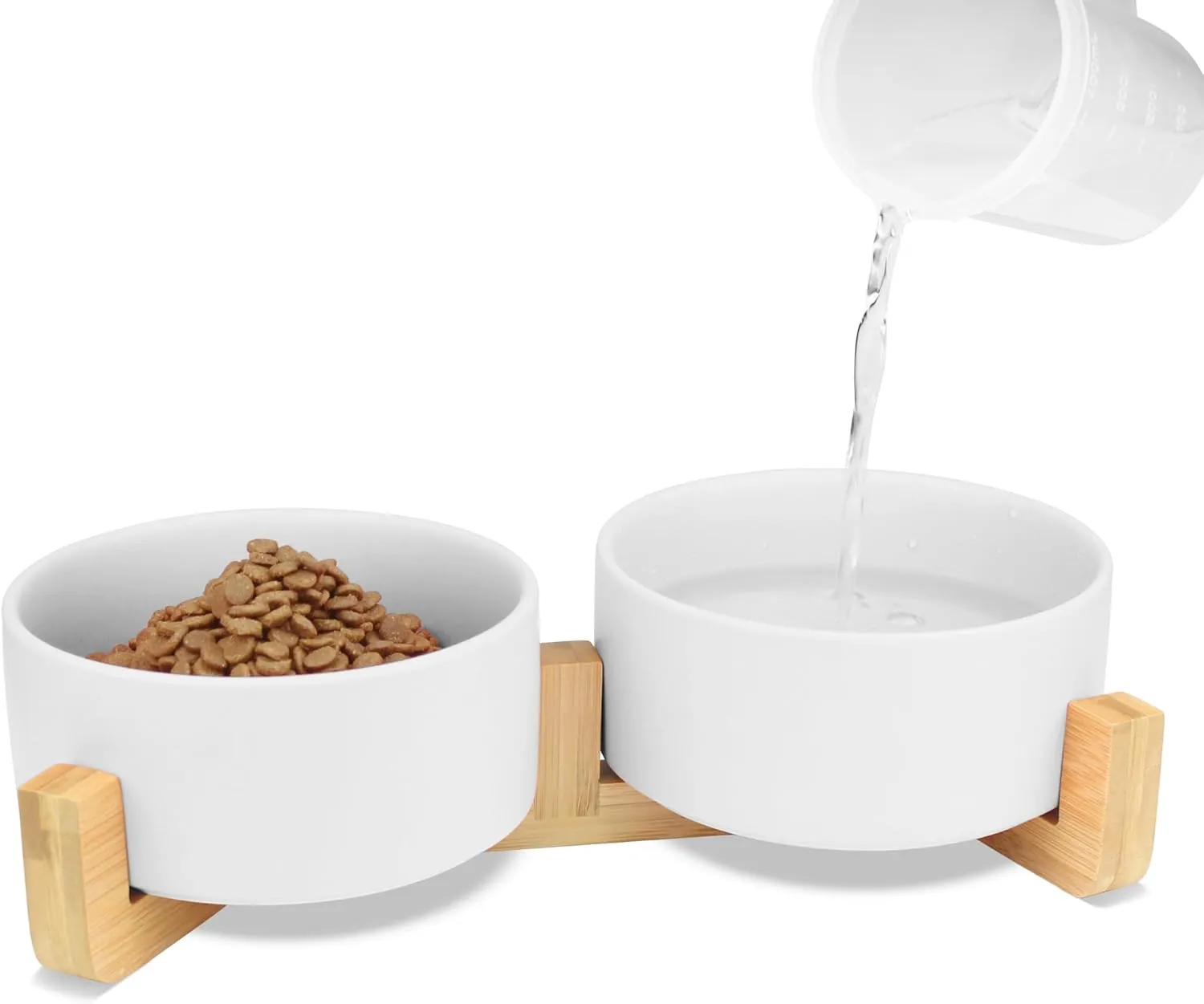 KPWACD Ceramic Pet Bowls for Dog and Cat, Raised Dog Food and Water Bowl Set with Anti-Slip Wooden Stand, White Pets Dish Feeding Bowls Suitable for Small, Medium and Big Cats Dogs, 28 OZ