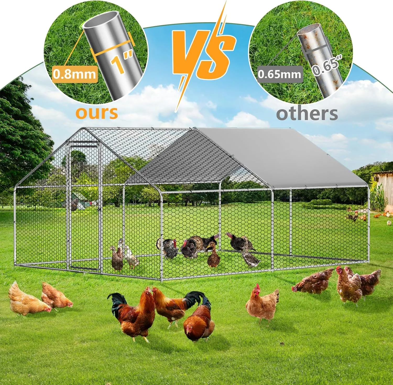 Large Metal Chicken Coop, 6.6FT Walk-in Chicken Runs for Yard with Waterproof & Anti-UV Cover for 6-10 Poultry, Galvanized Mesh & Security Lock, Heavy Duty Dog Kennel Outside Outdoor, Duck Rabbit Cage