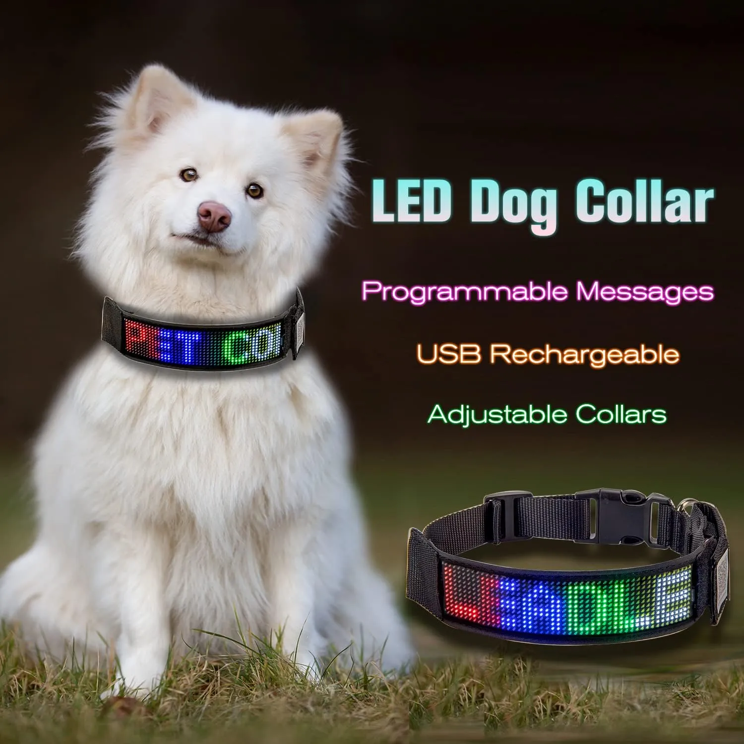 Leadleds Programmable LED Collar Flashing Light Up Rechargeable Pet Dog Safety Collar Glow in The Dark Light-up Neck Loop - Mixcolor LED