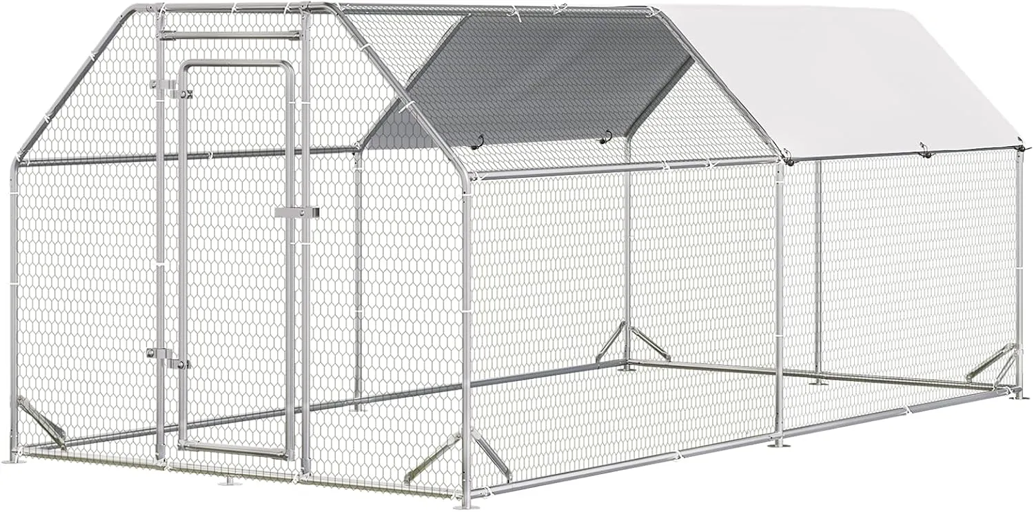 LEMBERI Metal Chicken Coop,Flat-roof Large Walk in Chicken Run Pen with Diagonal Brace, Dog Kennel Duck Poultry Cage with Waterproof Cover for Outdoor,Backyard,Farm,2 Room